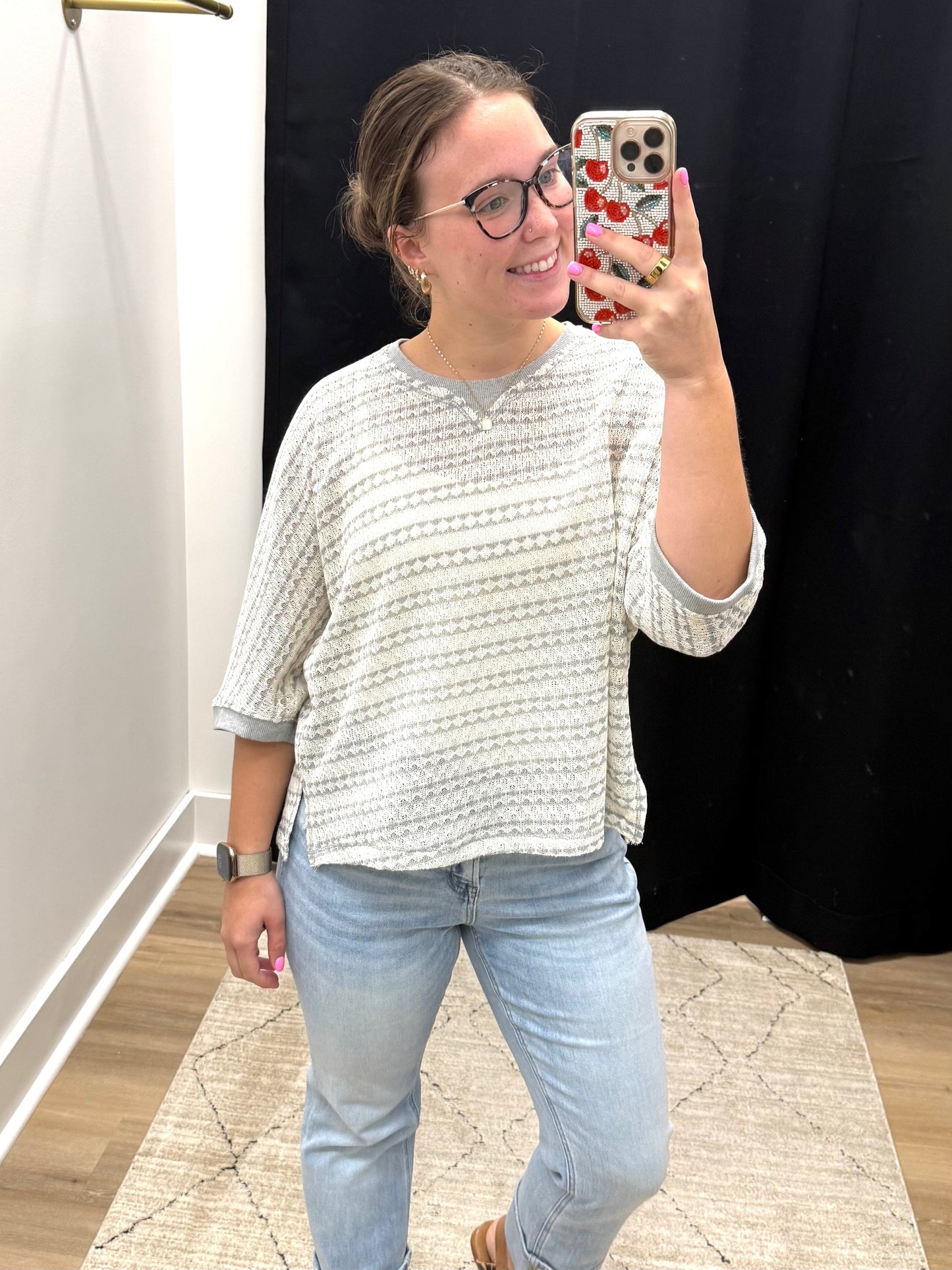 THE JANE TEXTURED STRIPED KNIT TOP - grey