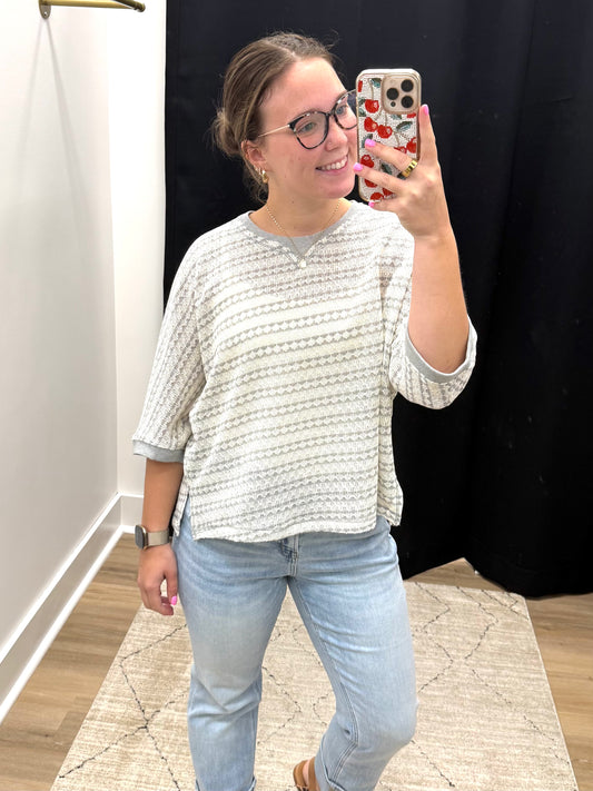 THE JANE TEXTURED STRIPED KNIT TOP - grey