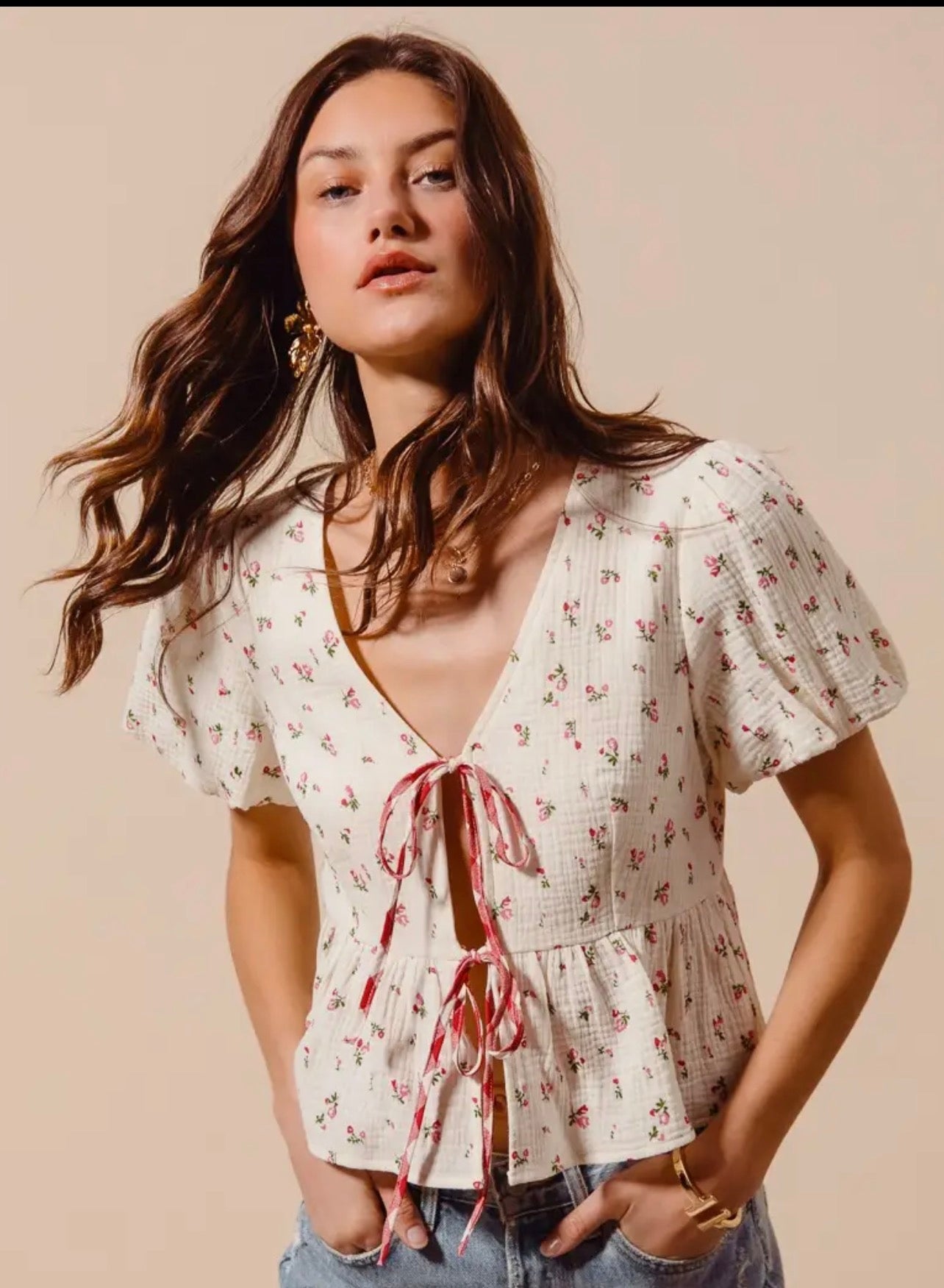 THE JORDAN DAINTY FLORAL GAUZE TIE BLOUSE