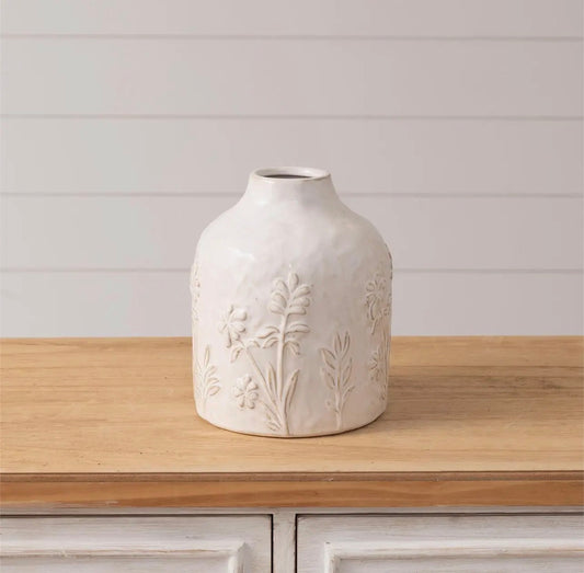 SMALL WHITE STONE FLORAL EMBELLISHED VASE