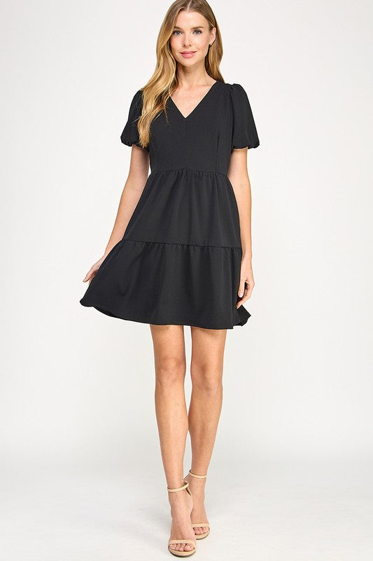 THE ISLA CREPE TIERED BLACK DRESS