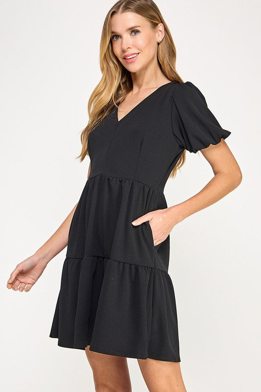 THE ISLA CREPE TIERED BLACK DRESS