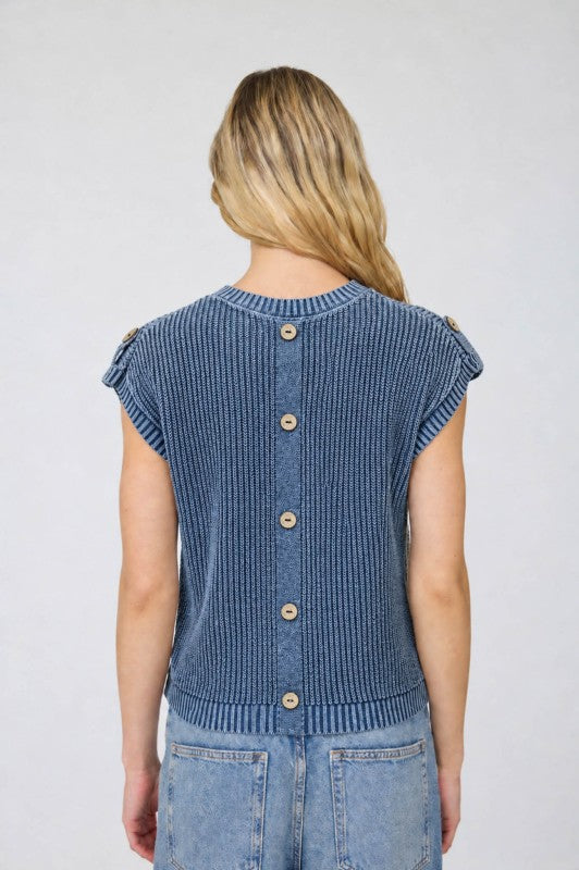 THE NADINE ACID WASH TAB SLEEVE TOP - blue