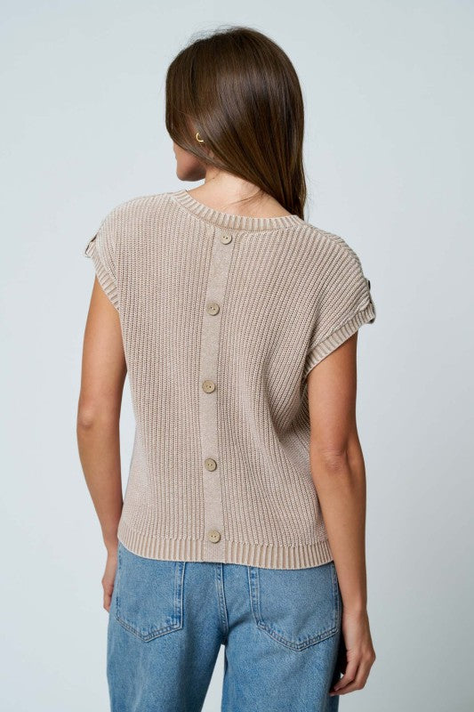 THE NADINE ACID WASH TAB SLEEVE TOP - khaki