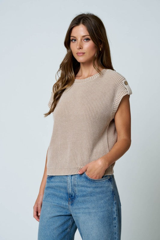 THE NADINE ACID WASH TAB SLEEVE TOP - khaki