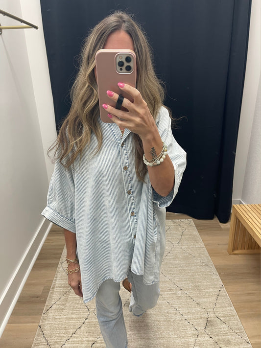 THE JENNY WASHED STRIPED DOLMAN SHIRT - powder blue