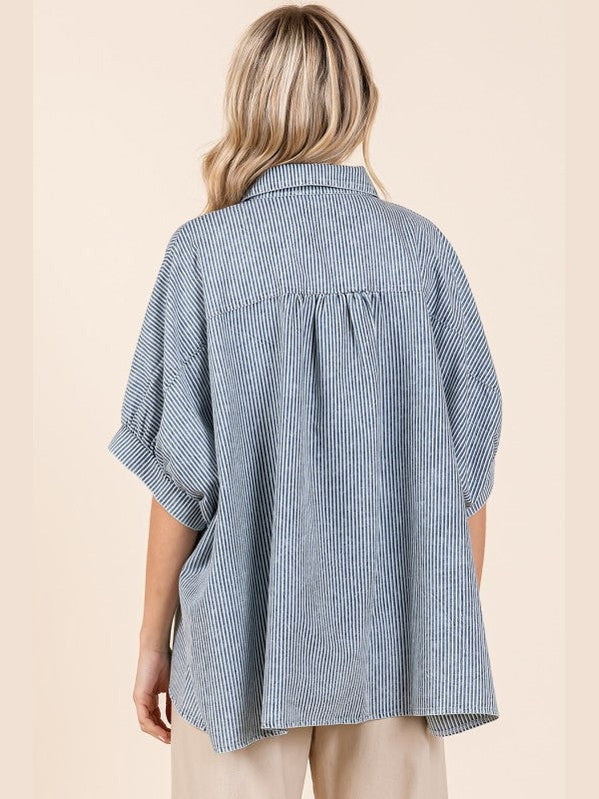 THE JENNY WASHED STRIPED DOLMAN SHIRT - navy