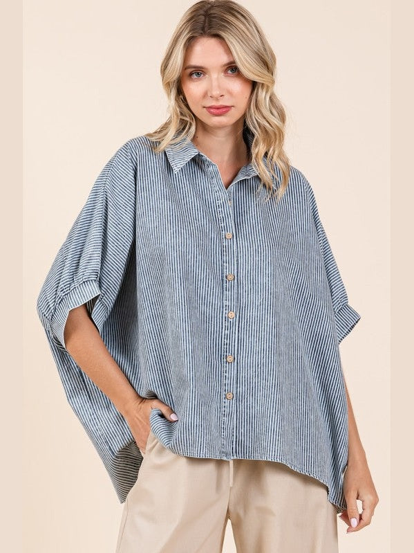 THE JENNY WASHED STRIPED DOLMAN SHIRT - navy