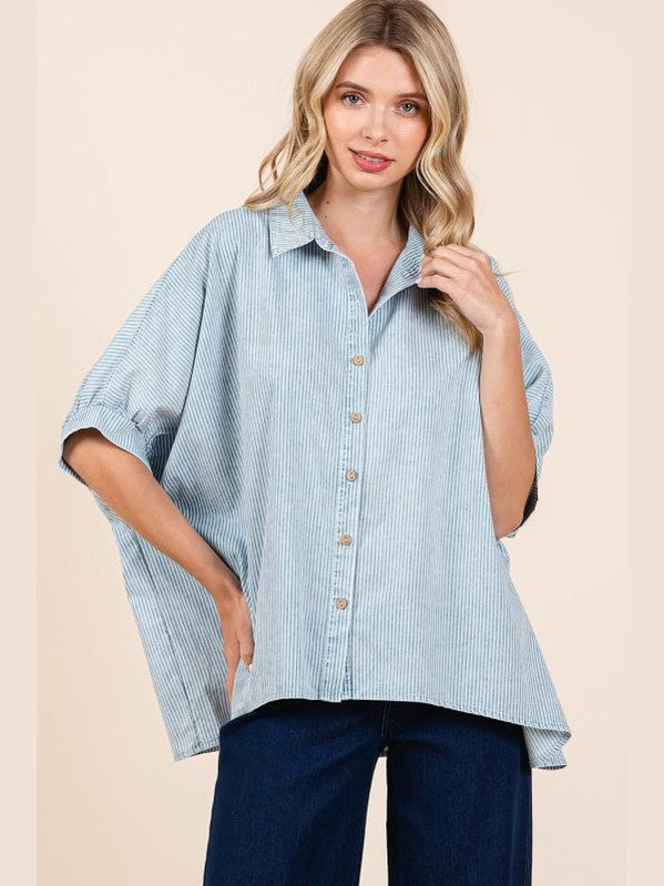 THE JENNY WASHED STRIPED DOLMAN SHIRT - powder blue