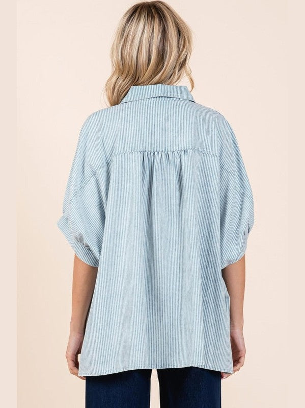 THE JENNY WASHED STRIPED DOLMAN SHIRT - powder blue