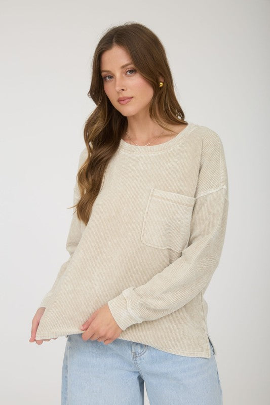 THE CAMILLE ACID WASH KNIT TOP - Lt khaki