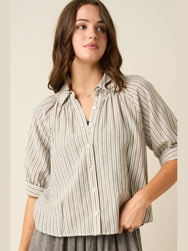 THE SHANA STRIPED ROLLED BUTTON DOWN TOP - black