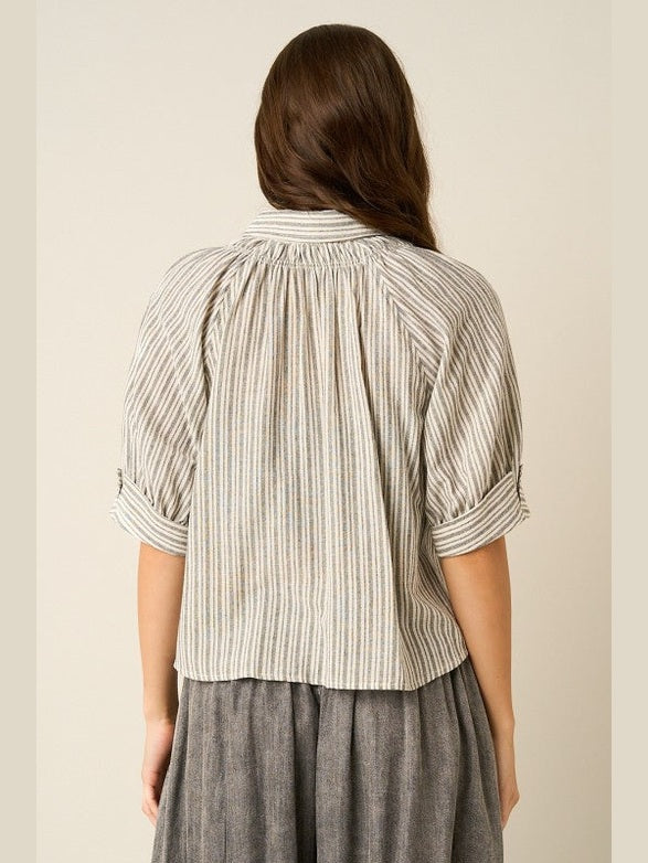 THE SHANA STRIPED ROLLED BUTTON DOWN TOP - black