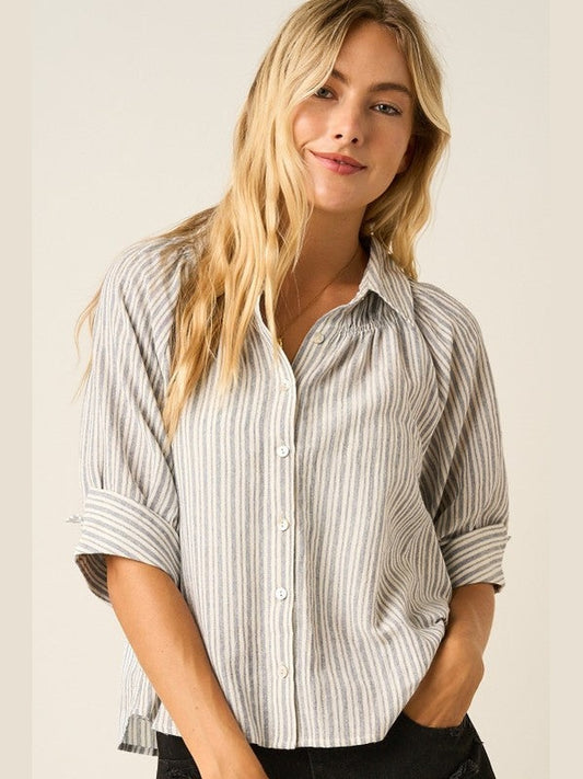 THE SHANA STRIPED ROLLED BUTTON DOWN TOP - denim