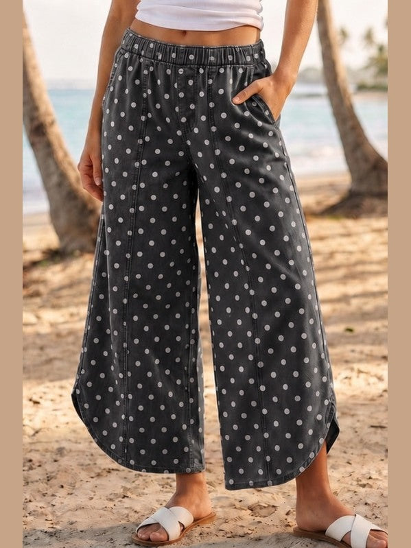 THE HALEY POLKA DOT TULIP HEM COTTON PANTS - black