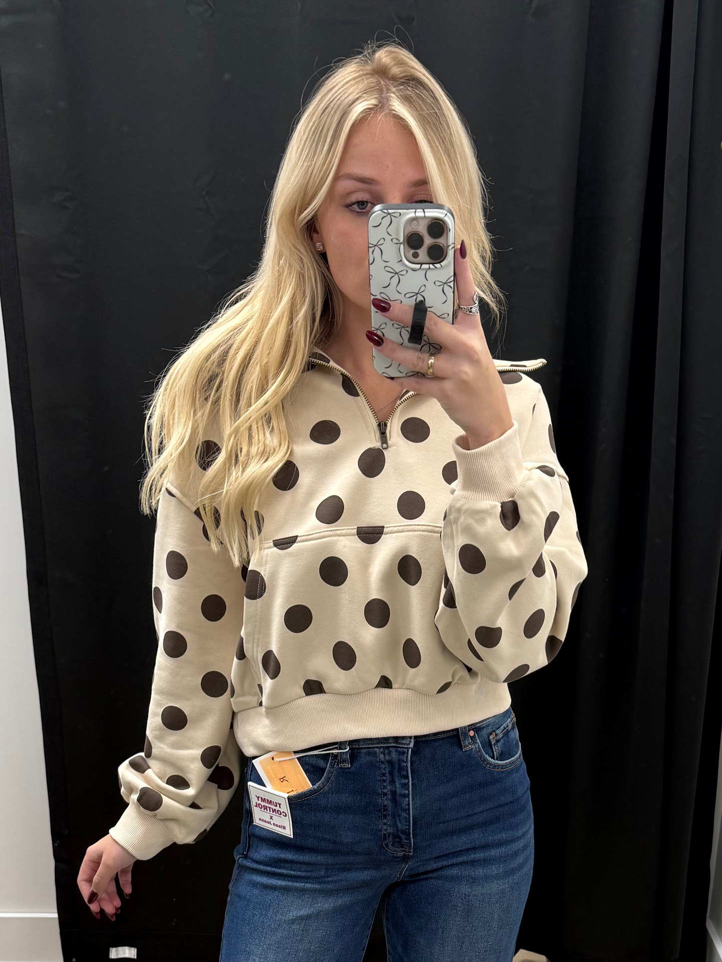 THE GEMMA POLKA DOT QUARTER ZIP - cream/brown