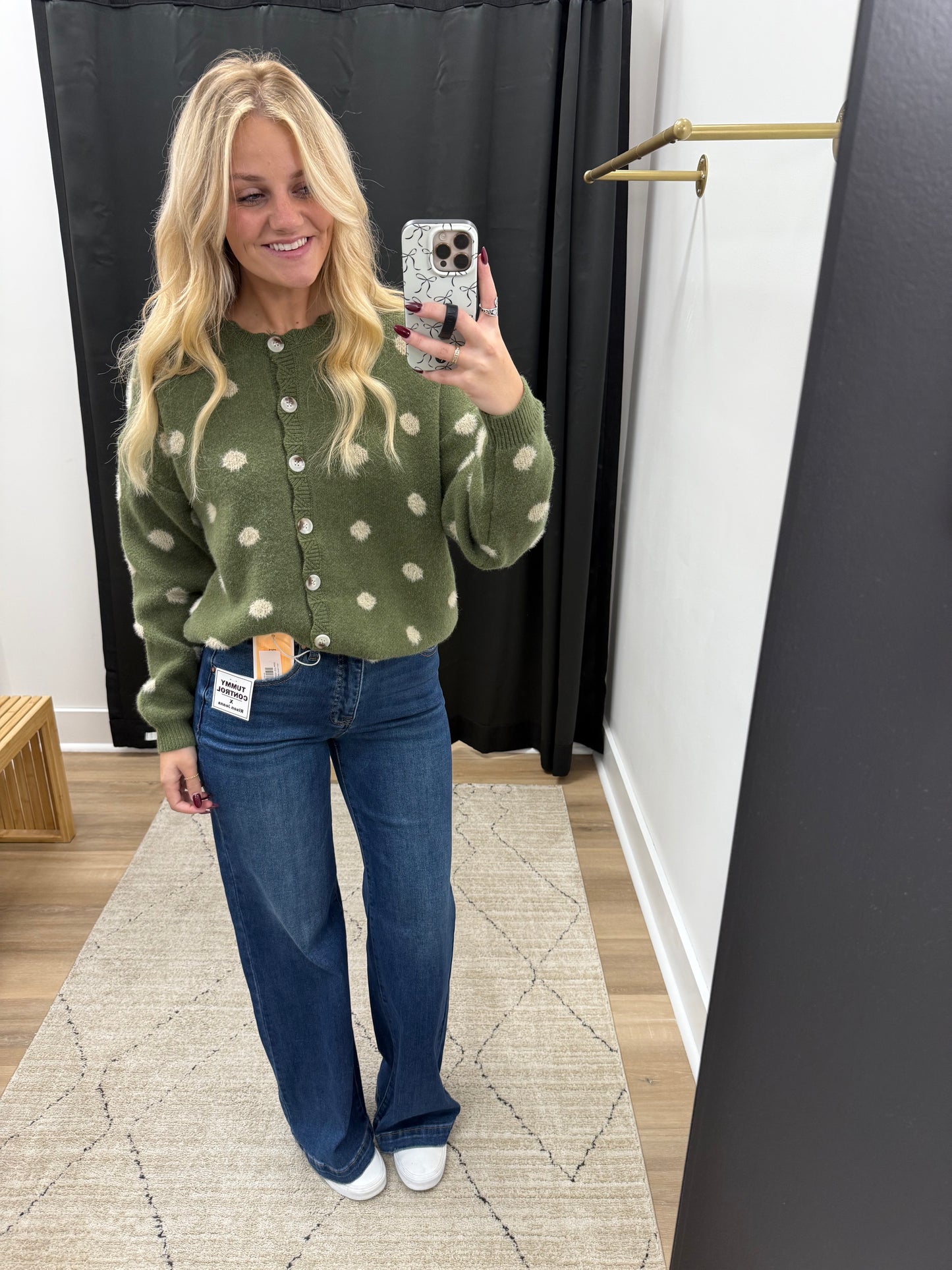 THE BONNIE POLKA DOT CARDI SWEATER - green/cream