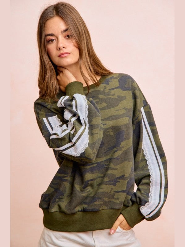 THE REMI LACE TRIMMED CAMO OVERSIZED SWEATSHIRT