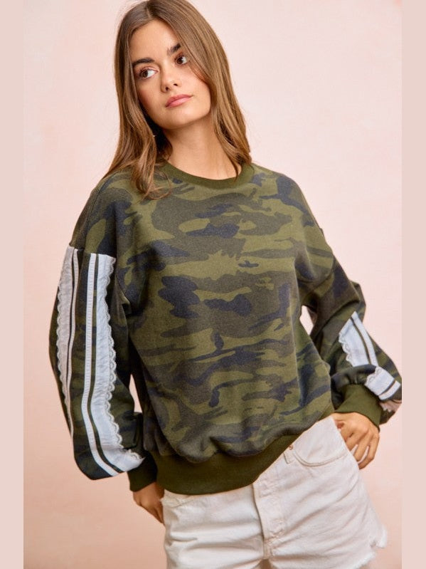 THE REMI LACE TRIMMED CAMO OVERSIZED SWEATSHIRT