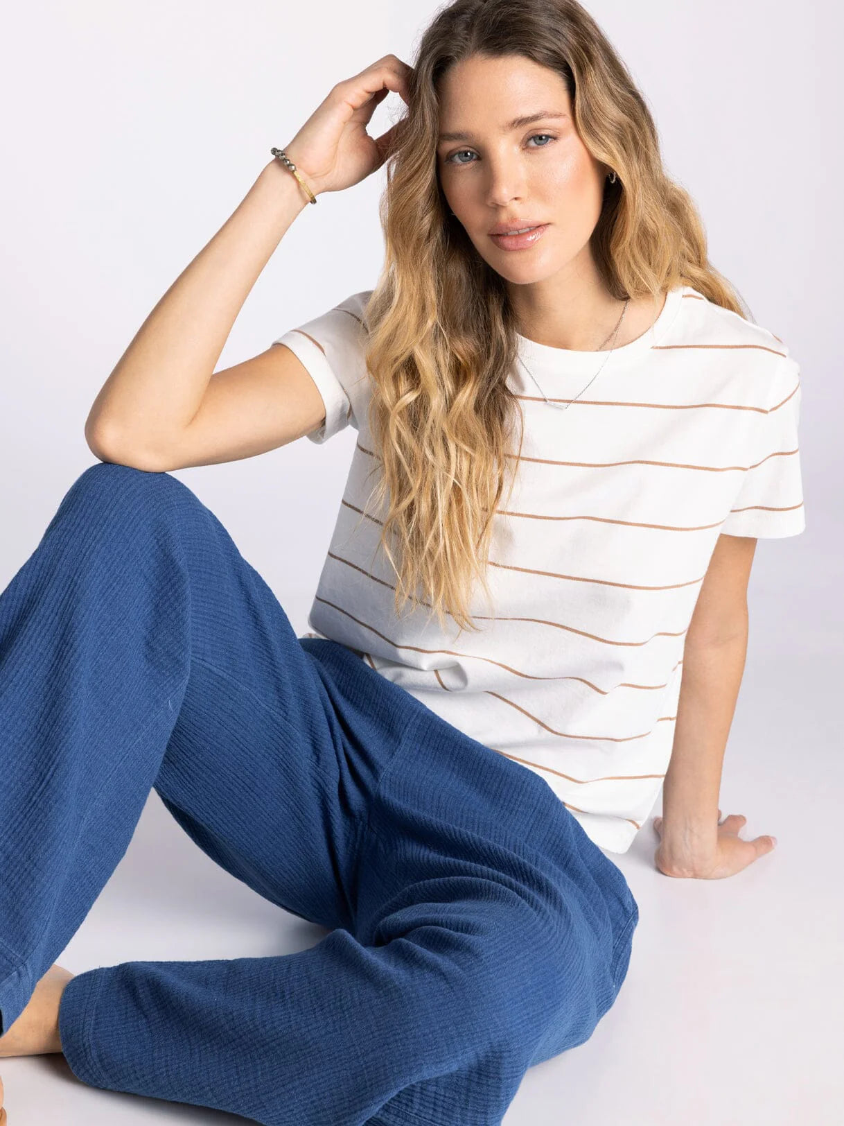 THE ASHER MINERAL WASH PERFECT TEE - ivory/tan striped