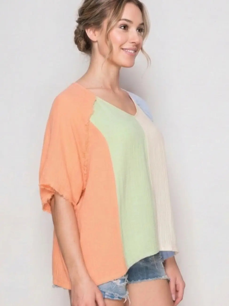 THE NINA DROP SHOULDER WASHED COLORBLOCK TOP - blue combo