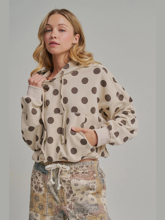 THE JERI LOOSE FIT POLKA DOT FLEECE HOODIE - cream/brown