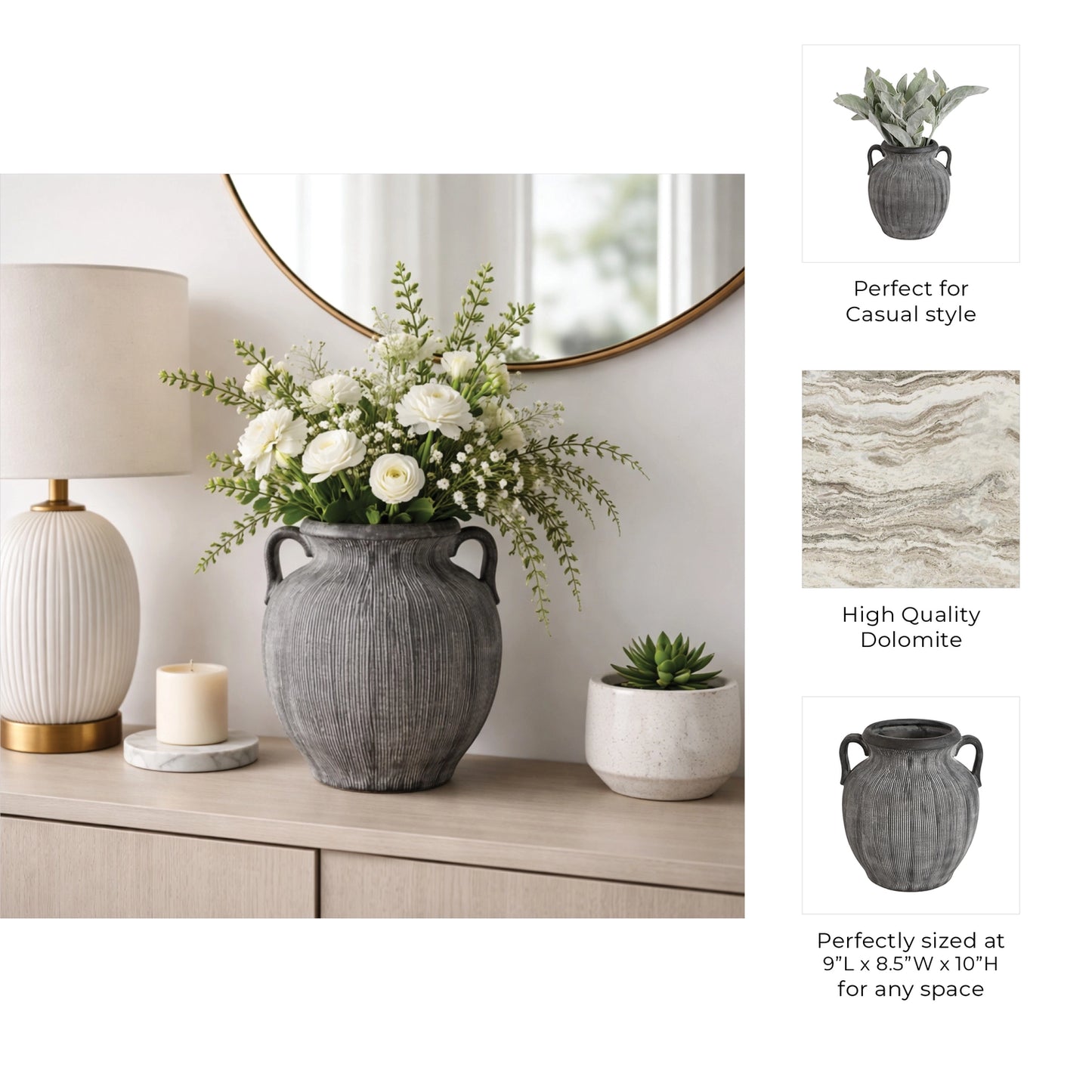 CERAMIC RIBBED TEXTURED HANDLE VASE