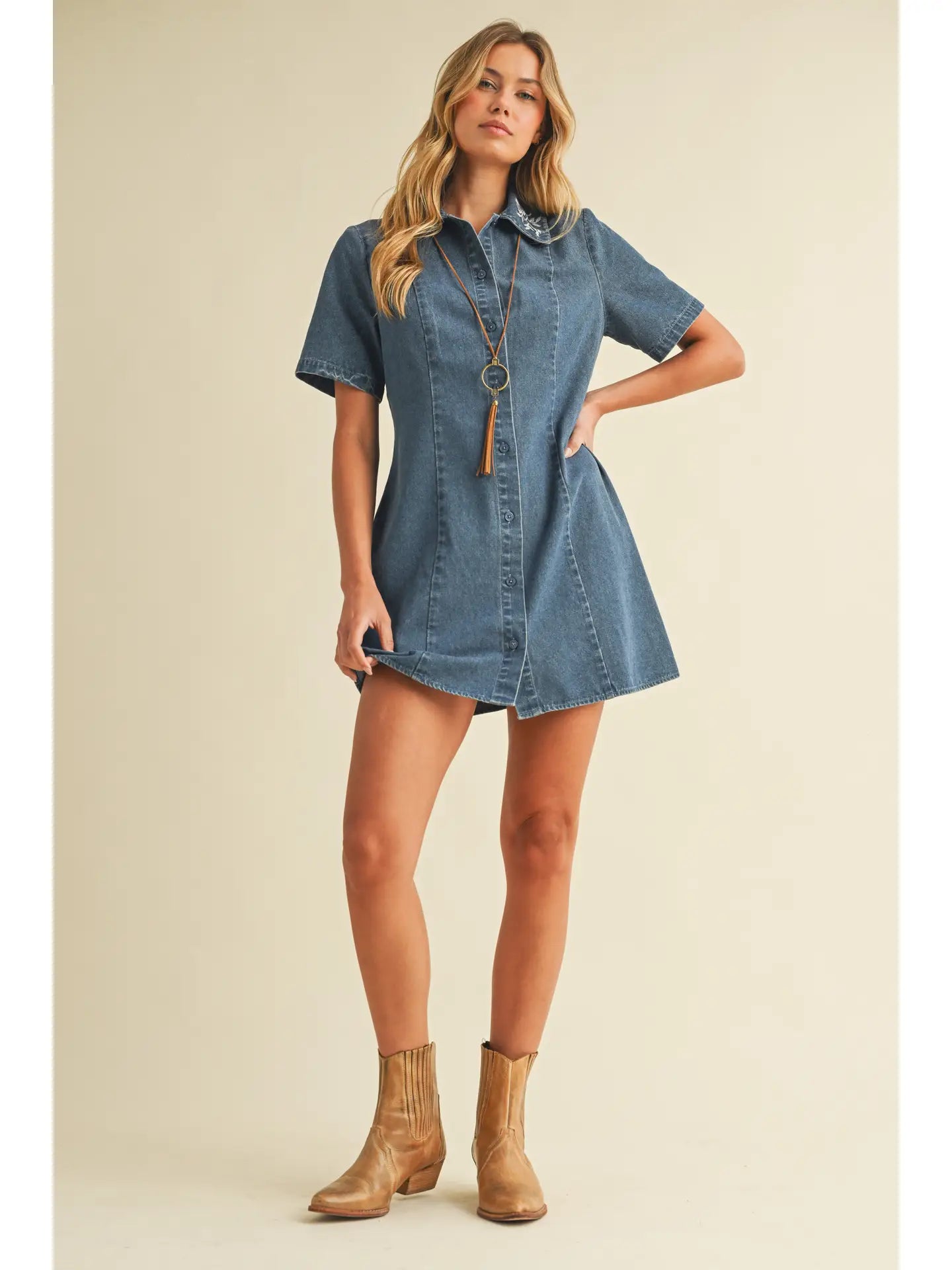 THE EVIE FLORAL EMBRODIERED DENIM DRESS