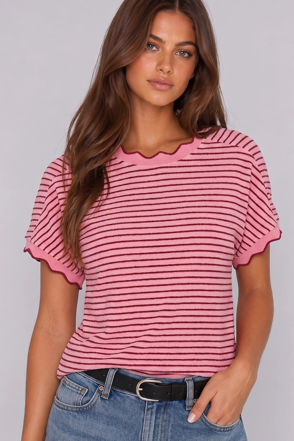 THE BRENDA SCALLOP TRIM STRIPE KNIT TOP - pink
