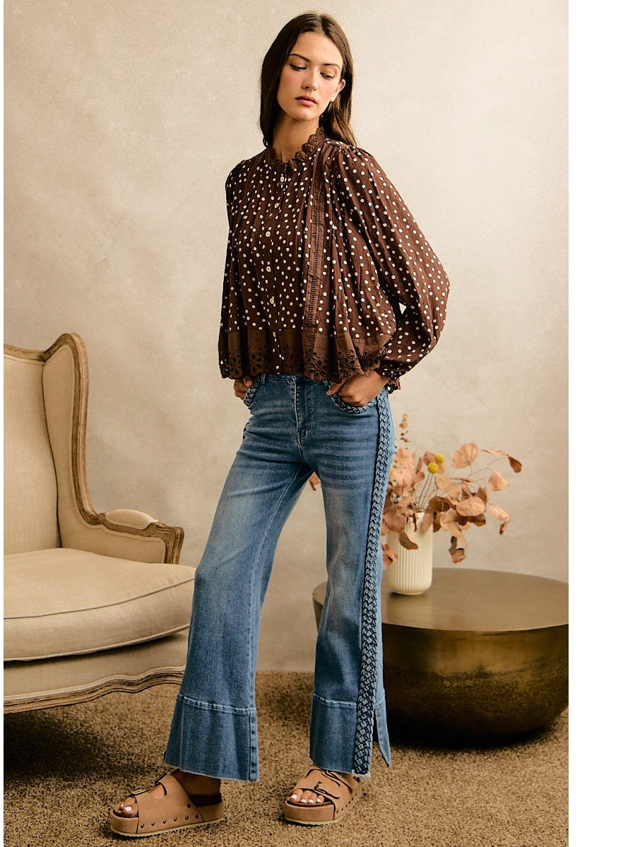THE SHERRIE POLKA DOT LACE TRIM BLOUSE - brown
