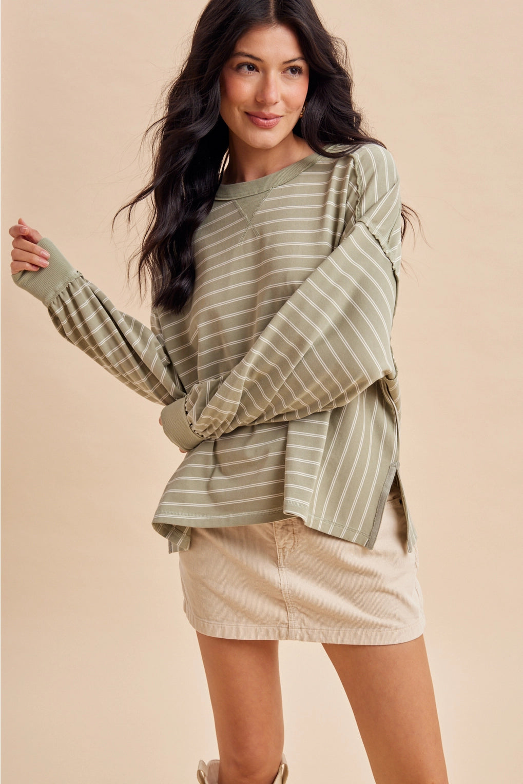 THE LONNI STRIPED LONG SLEEVE TOP - sage