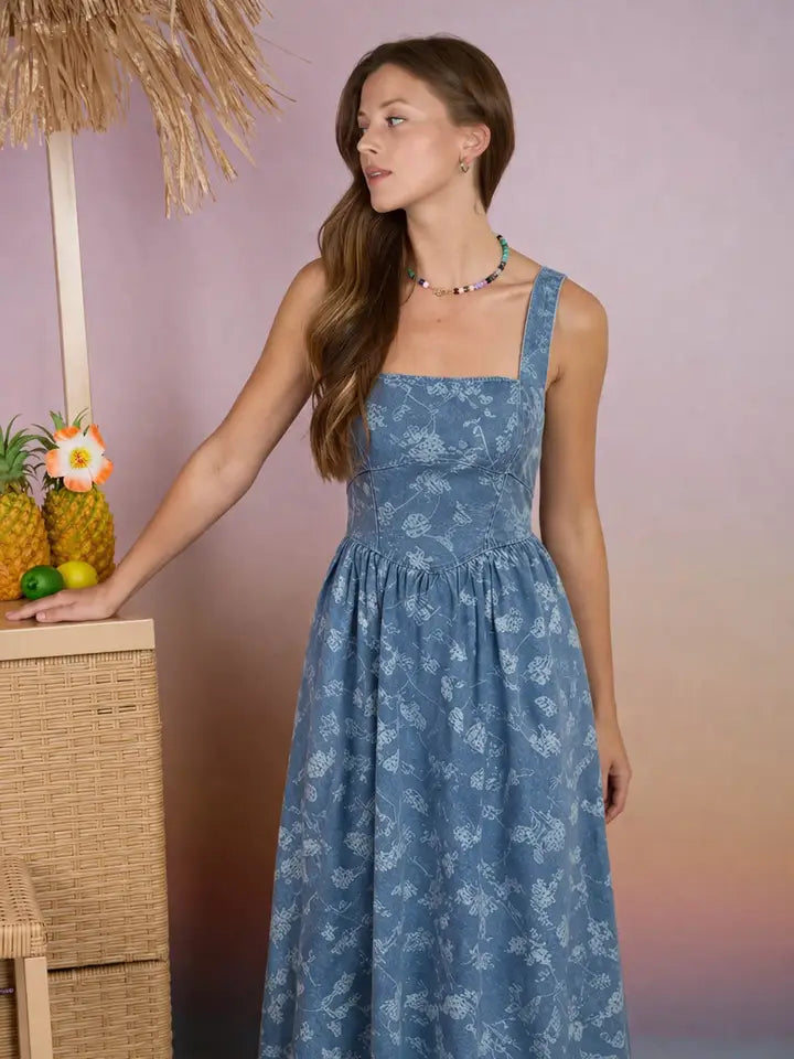 THE AYLA FLORAL JACQUARD CORSET DENIM DRESS