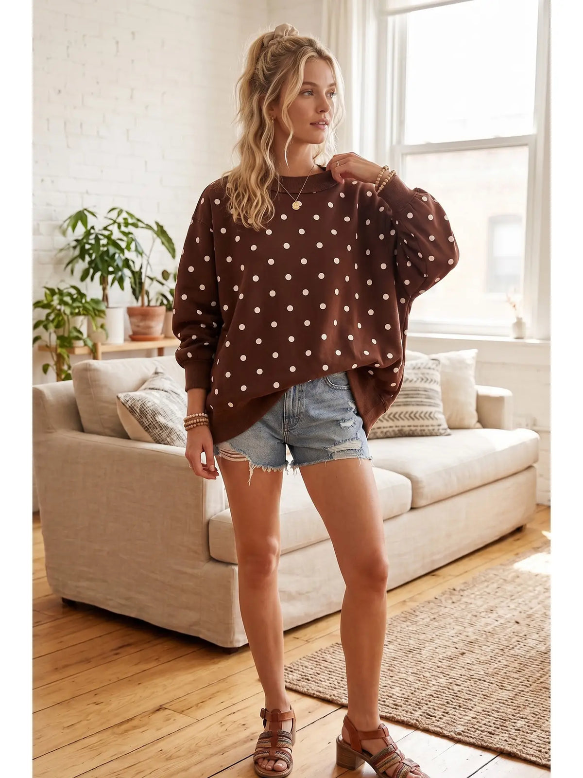 THE NIKKI OVERSIZED POLKA DOT SCUBA PULLOVER - brown/white