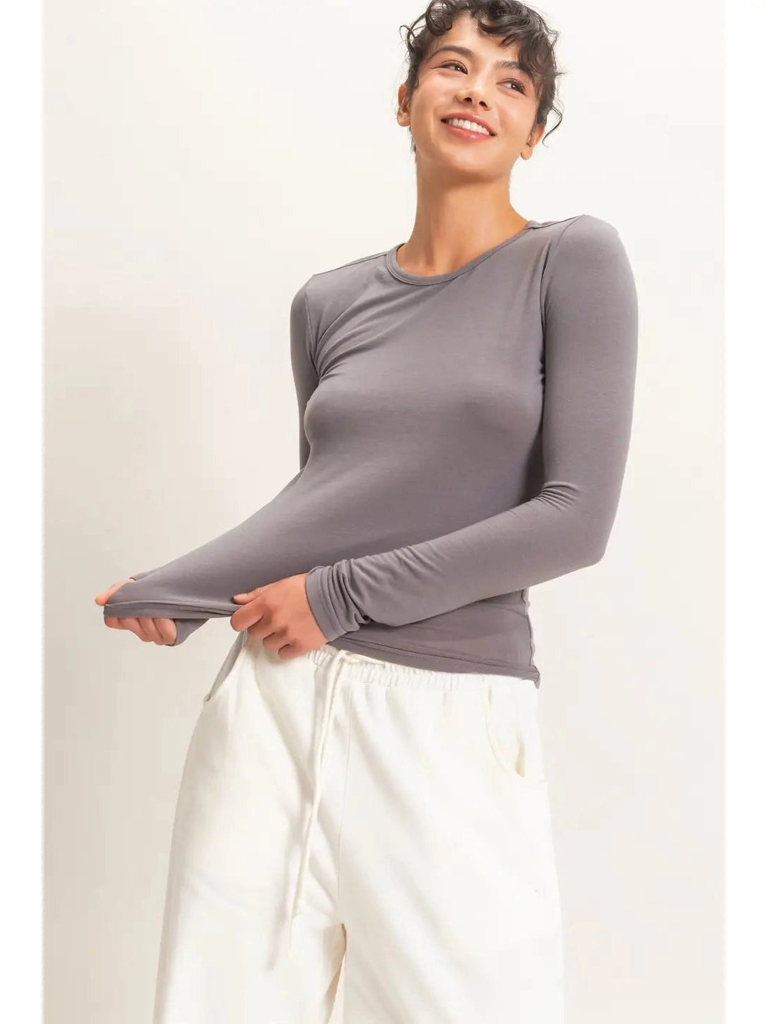 THE CALLIE CREW NECK LONG SLEEVE TOP - grey