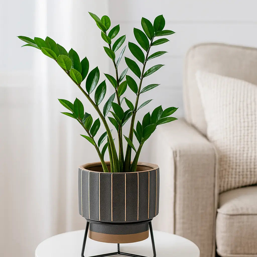 BROWN RIBBED PLANTER IN METAL STAND