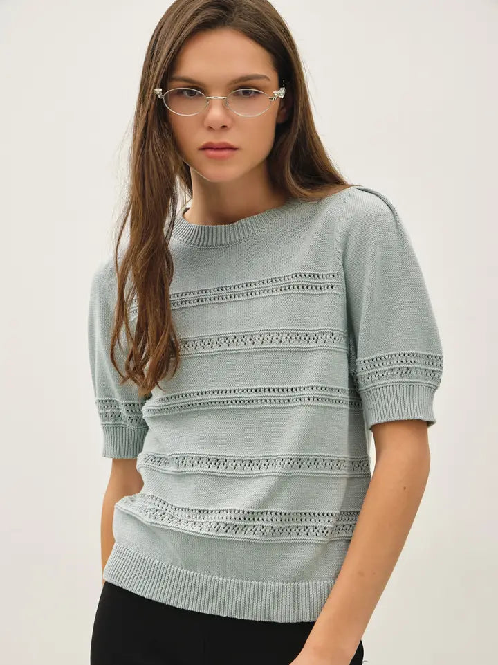 THE KATIE CROCHET SHORT SLEEVE - dusty blue