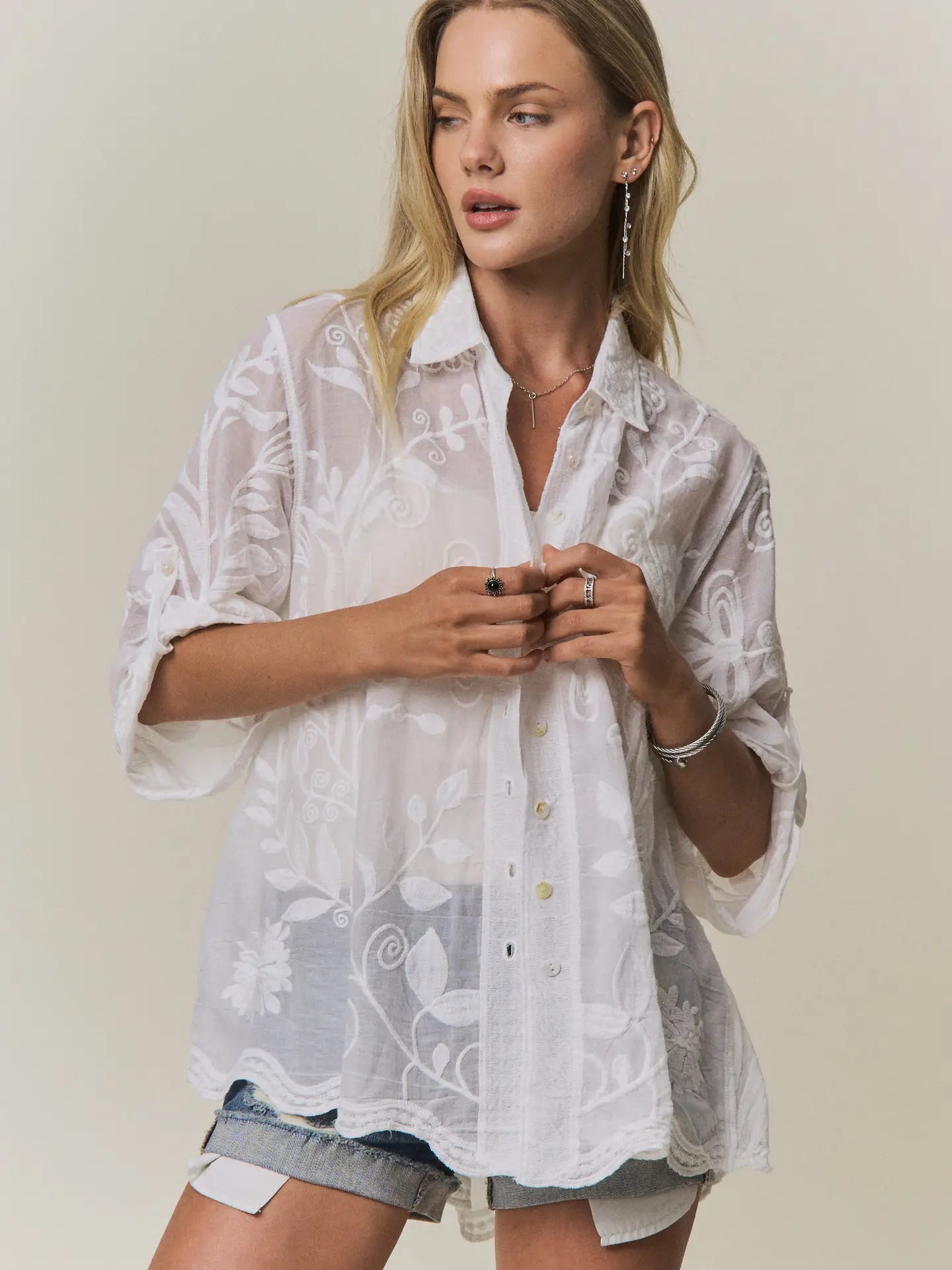 THE ADORA BOHO EMBROIDERED BUTTON DOWN - white