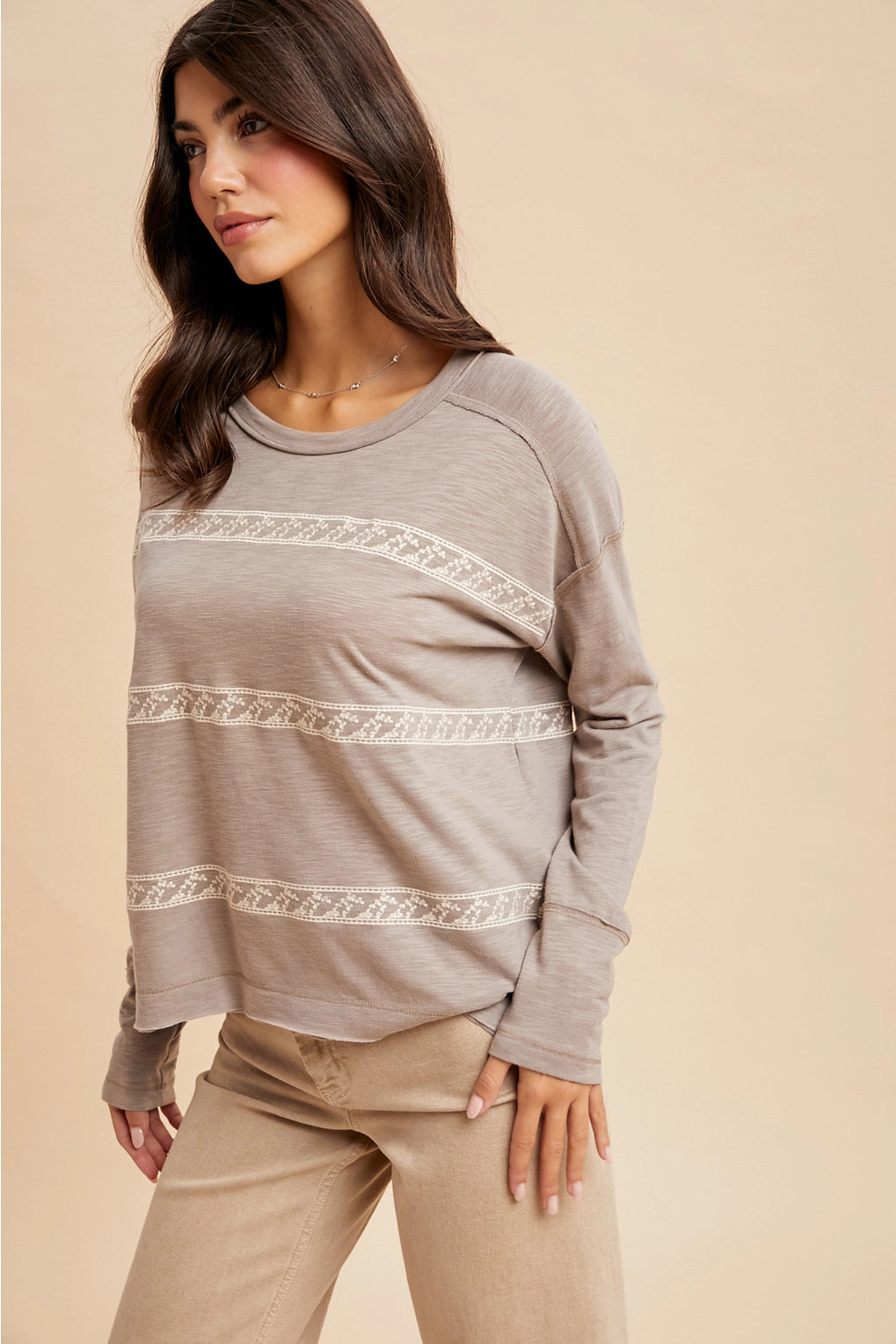 THE KACEE EMBROIDERED STRIPED TOP - stone taupe