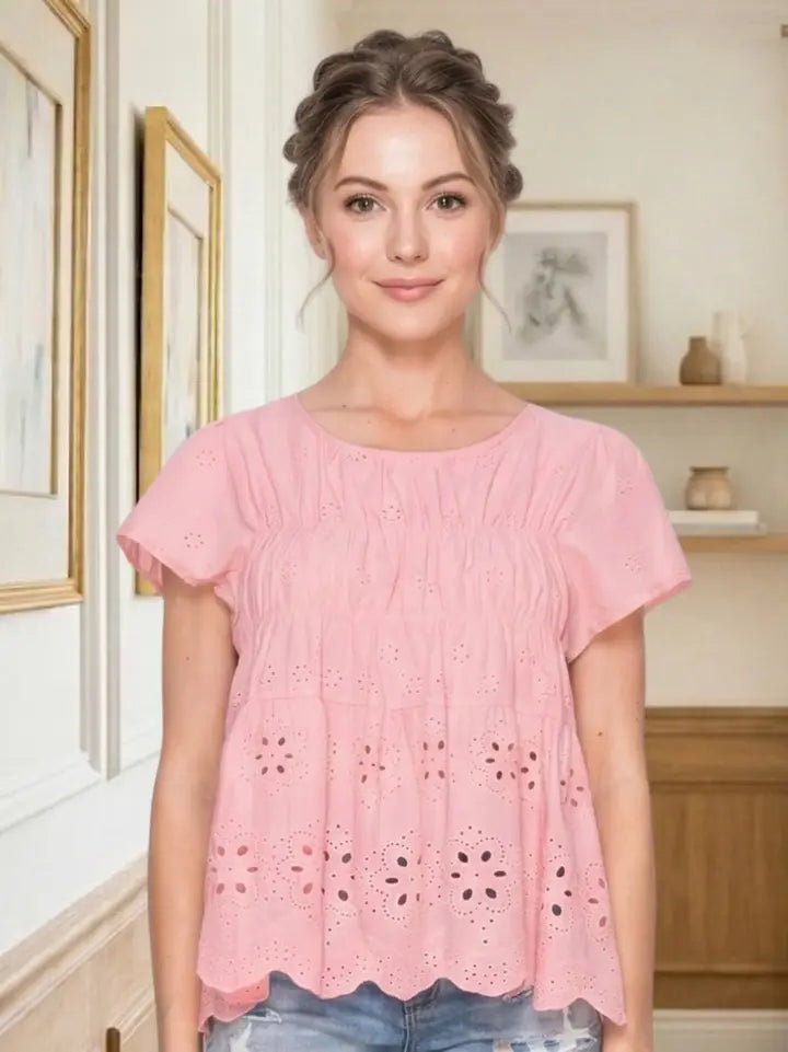 THE JACE EYELET EMBRODIERED TOP - pink