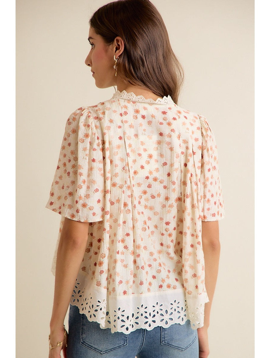 THE SARAH FLORAL LACE TRIM BLOUSE - cream