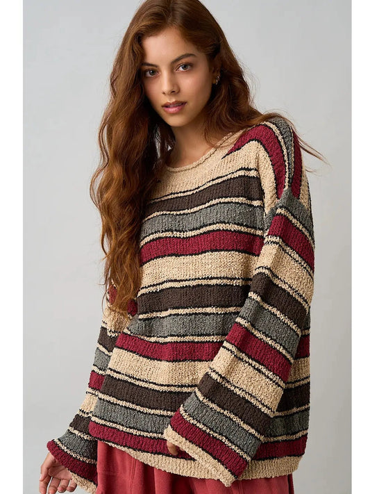 THE CAMERYN OVERSIZED LOOSE KNIT SWEATER - burgundy stripe