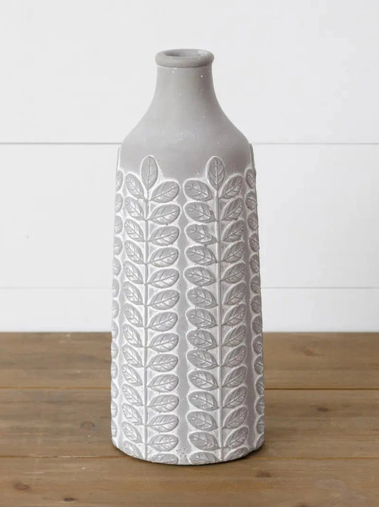GREY CEMENT FLORAL EMBELLISHED VASE