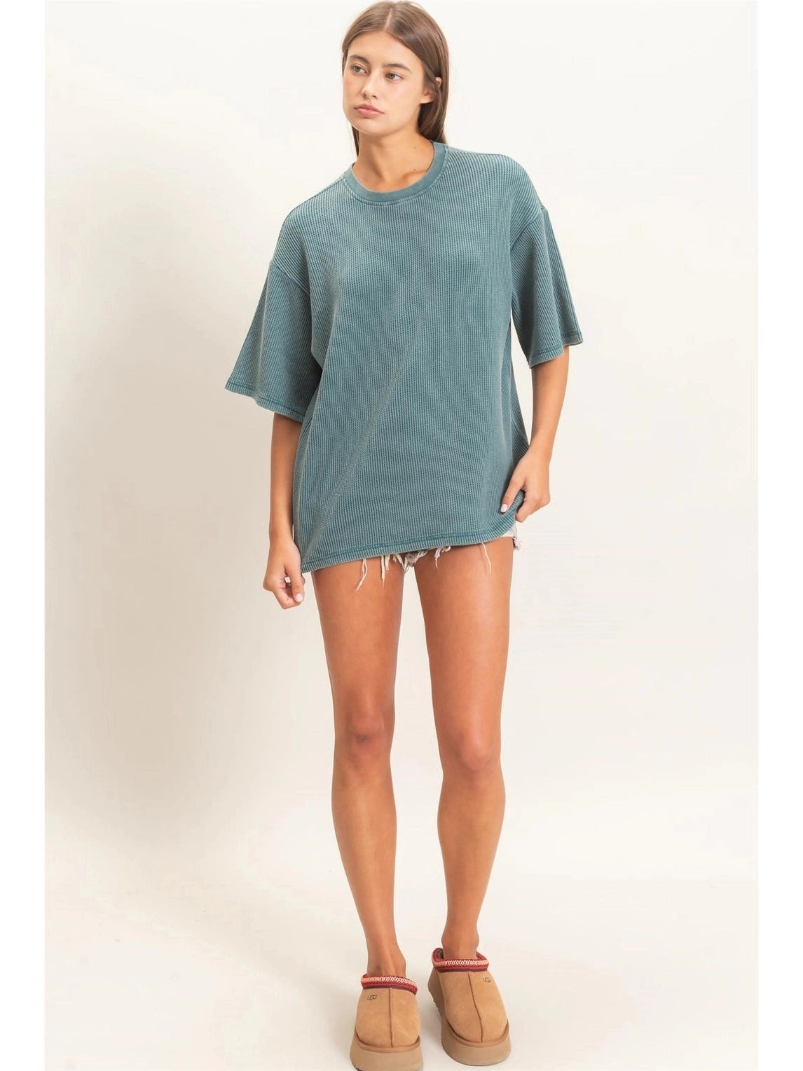 THE LINDSEY MINERAL WASH WAFFLE CREW TOP - dark teal