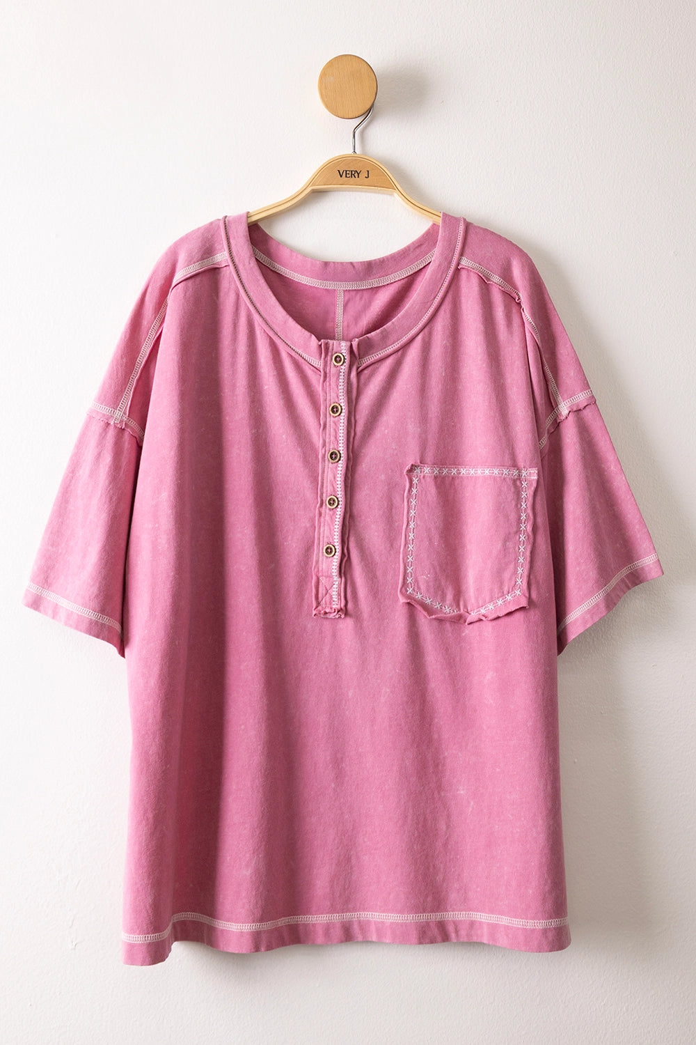 THE ELLE MINERAL WASH HENLEY TOP - mauve