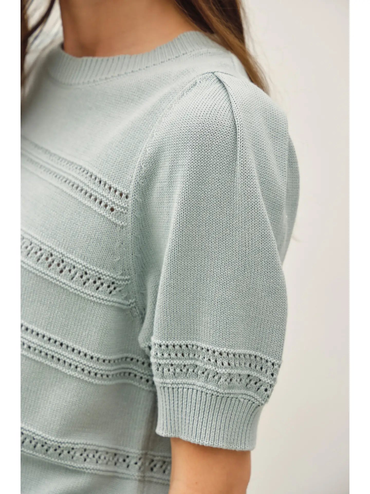THE KATIE CROCHET SHORT SLEEVE - dusty blue