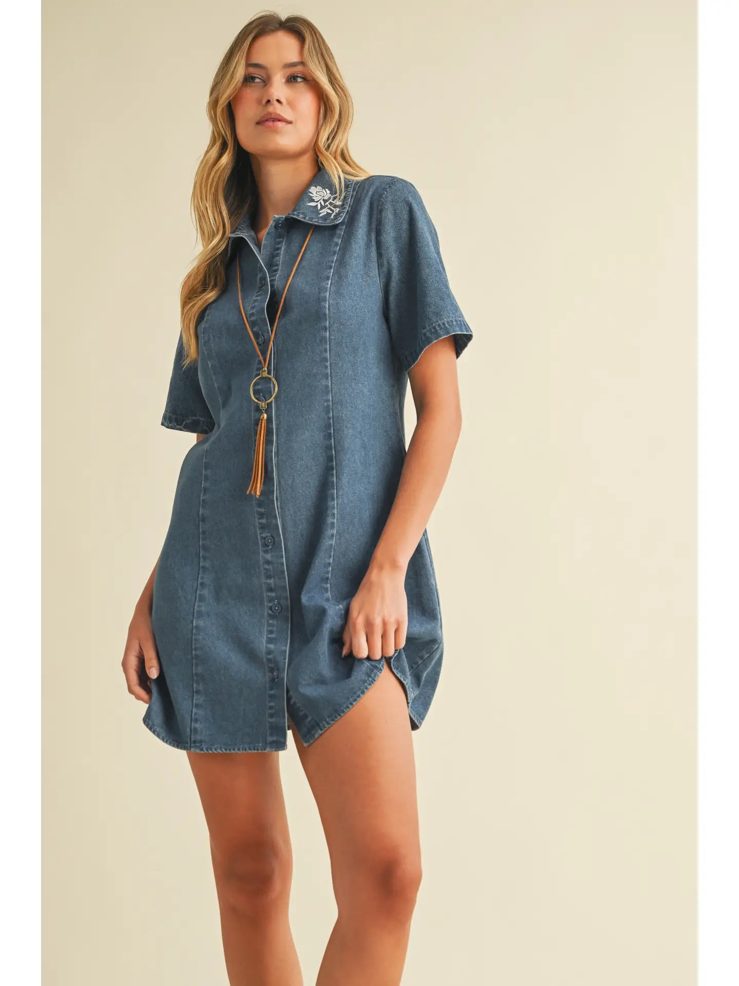 THE EVIE FLORAL EMBRODIERED DENIM DRESS