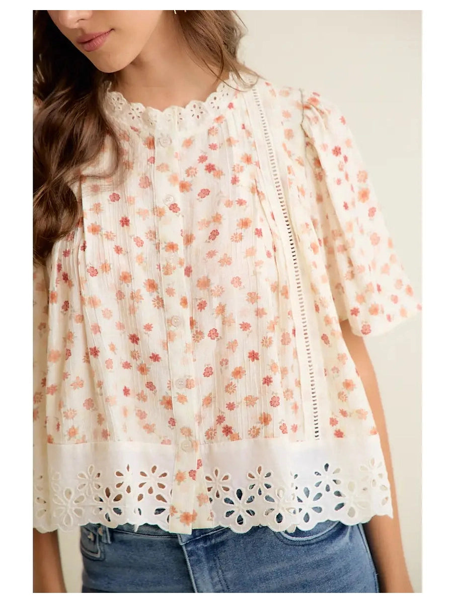 THE SARAH FLORAL LACE TRIM BLOUSE - cream