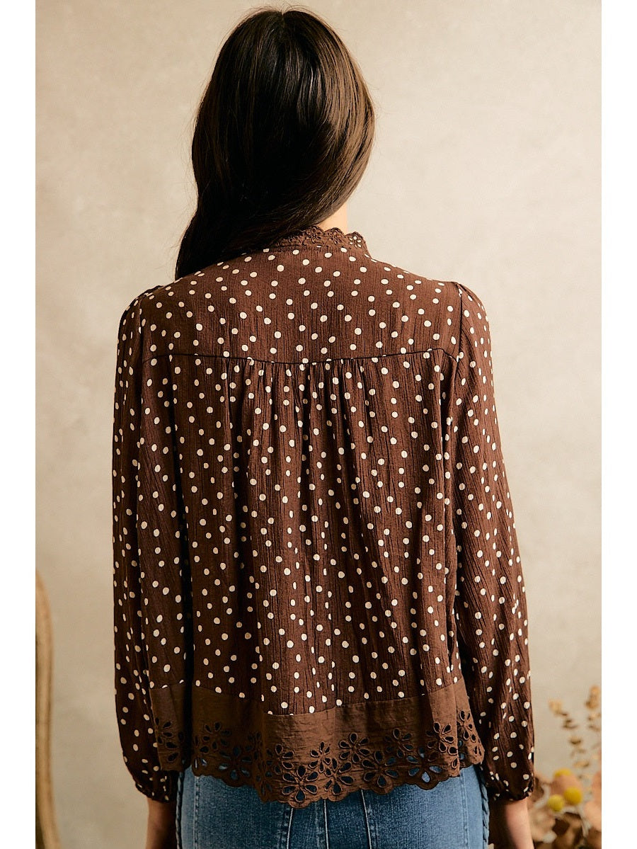 THE SHERRIE POLKA DOT LACE TRIM BLOUSE - brown