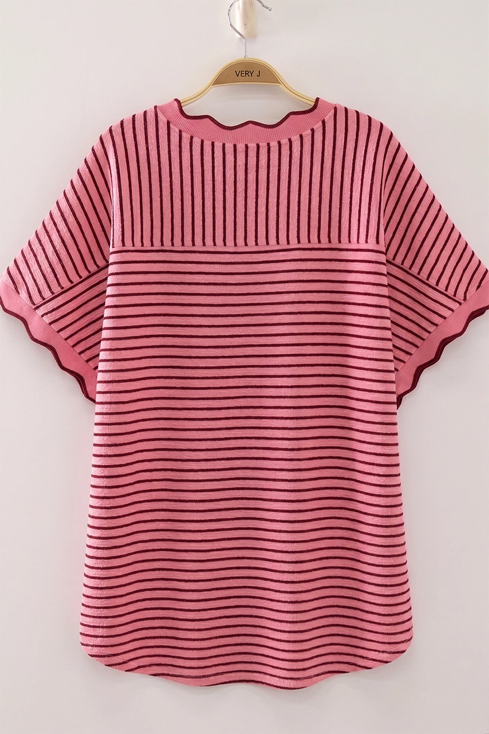 THE BRENDA SCALLOP TRIM STRIPE KNIT TOP - pink