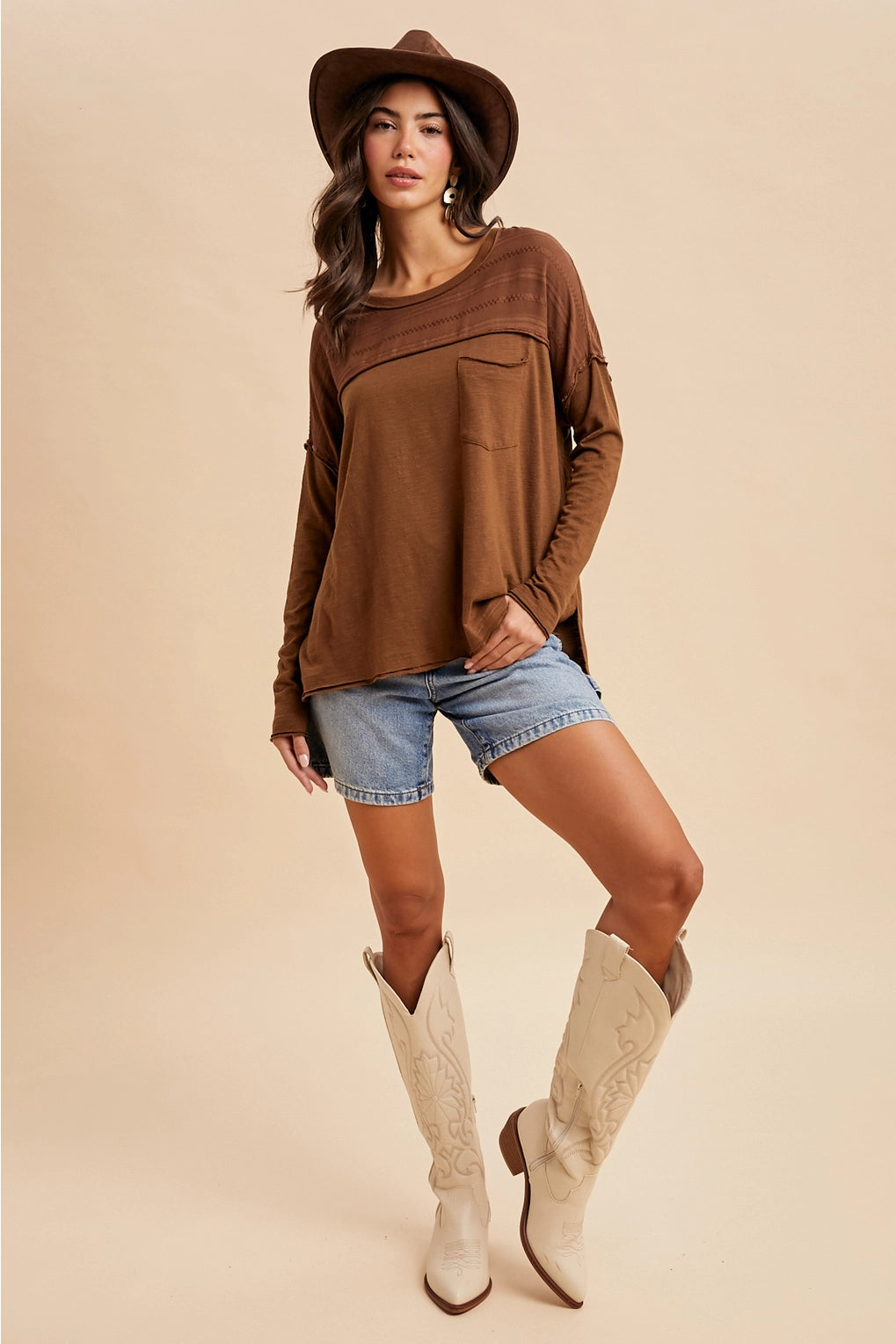 THE HODA EMBROIDERED PANEL POCKET TOP - mocha